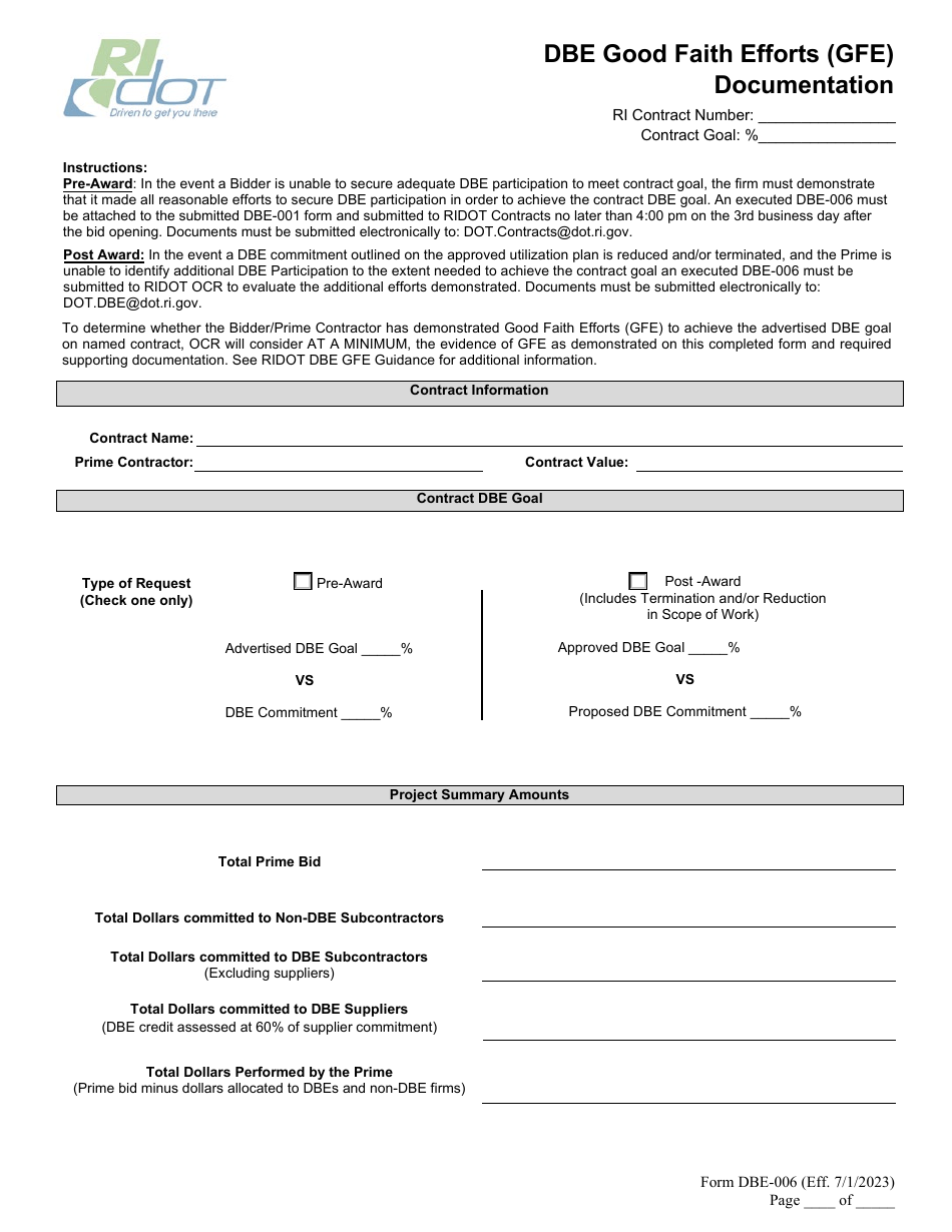 Form DBE-006 Dbe Good Faith Efforts (GFE) Documentation - Rhode Island, Page 1