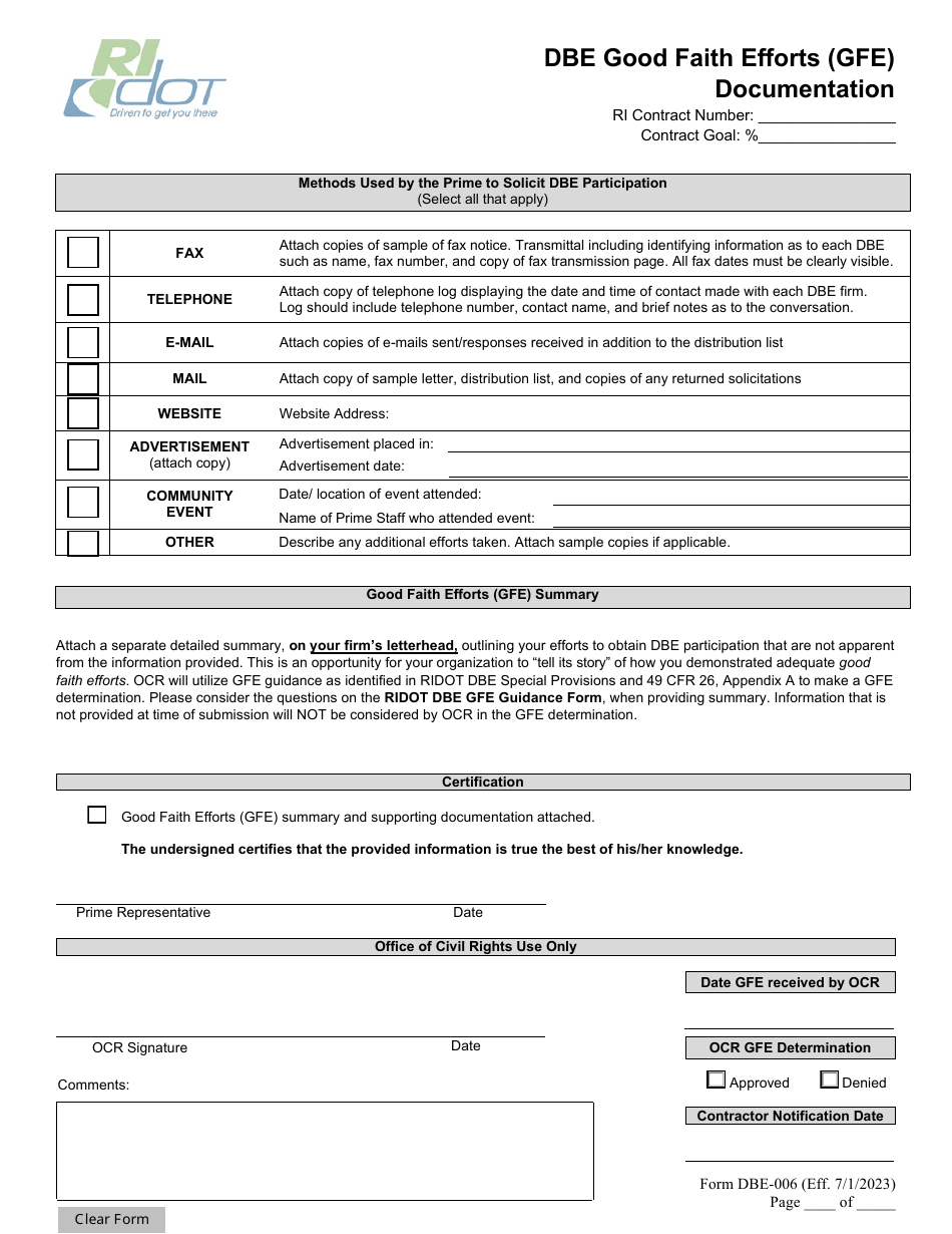 Form DBE-006 Dbe Good Faith Efforts (GFE) Documentation - Rhode Island, Page 3