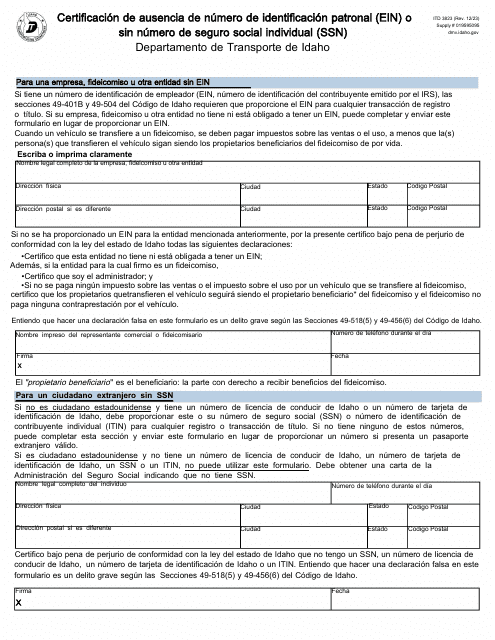 Formulario ITD3823 Certificacion De Ausencia De Numero De Identificacion Patronal (Ein) O Sin Numero De Seguro Social Individual (Ssn) - Idaho (Spanish)