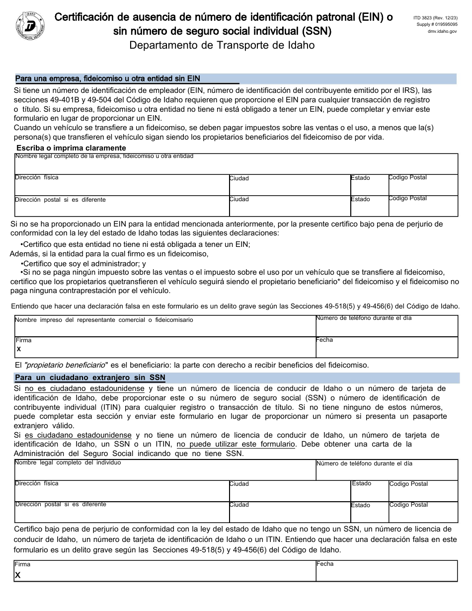 Formulario ITD3823 Certificacion De Ausencia De Numero De Identificacion Patronal (Ein) O Sin Numero De Seguro Social Individual (Ssn) - Idaho (Spanish), Page 1