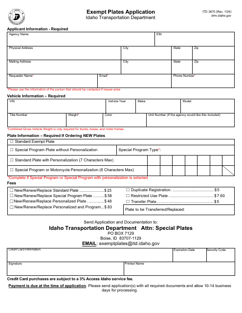 Form ITD3670 Exempt Plates Application - Idaho