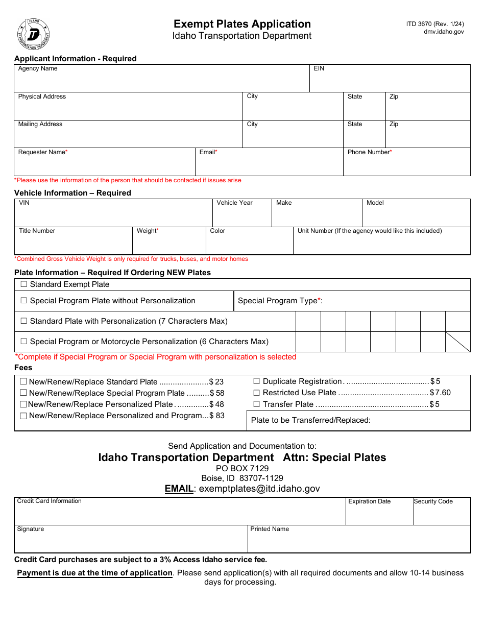 Form ITD3670 Exempt Plates Application - Idaho, Page 1