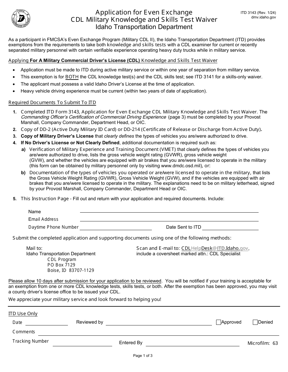 Form ITD3143 Application for Even Exchange Cdl Military Knowledge and Skills Test Waiver - Idaho, Page 1