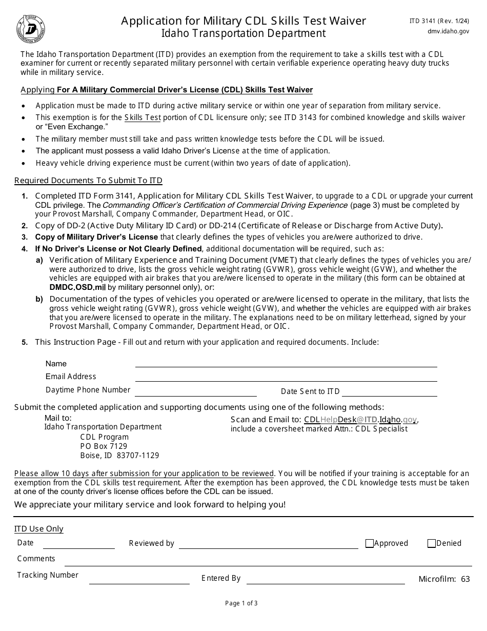 Form ITD3141 Application for Military Cdl Skills Test Waiver - Idaho, Page 1