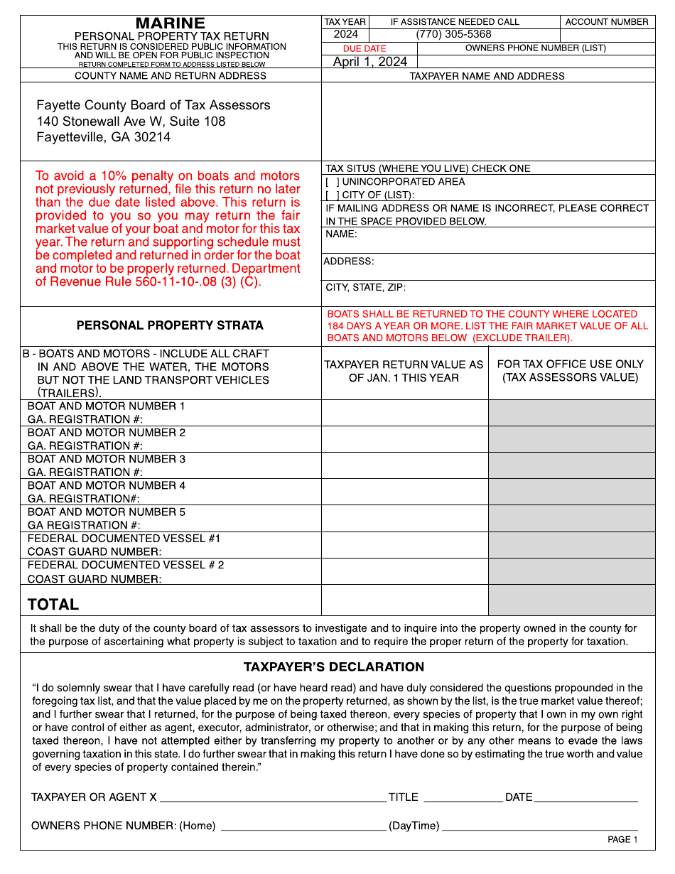 Personal Property Tax Return - Marine - Fayette County, Georgia (United States), Page 1