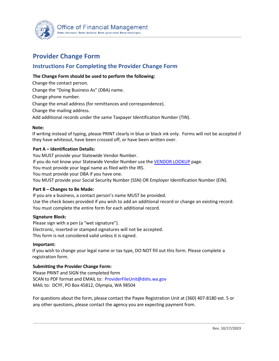 Provider Change Form - Washington, Page 1