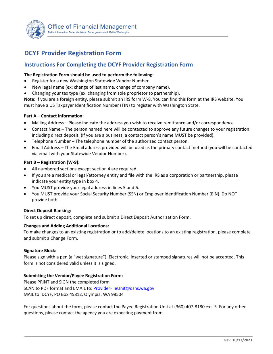 Dcyf Provider Registration Form - Washington, Page 1
