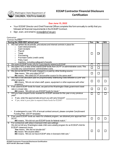 DCYF Form 05-007  Printable Pdf