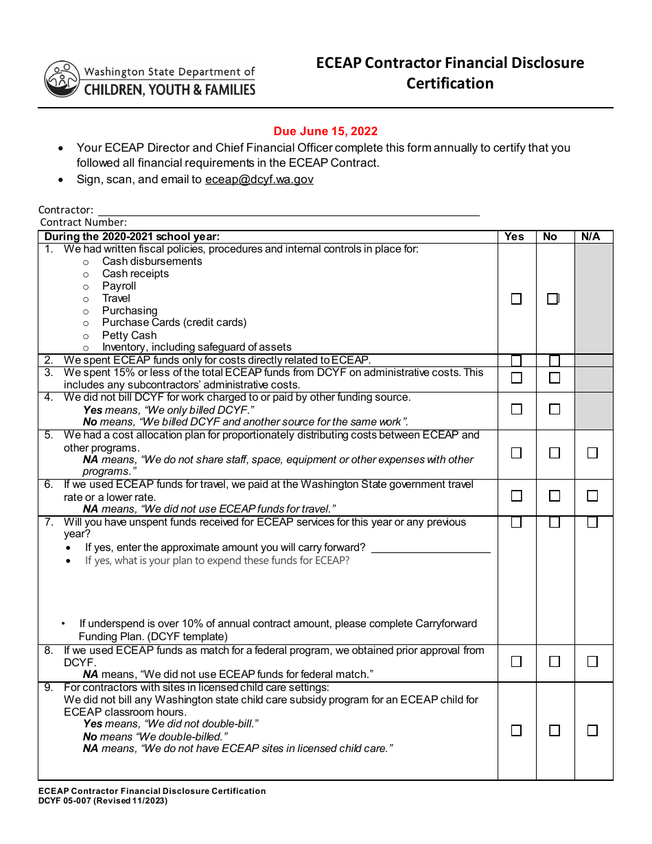 DCYF Form 05-007 Eceap Contractor Financial Disclosure Certification - Washington, Page 1