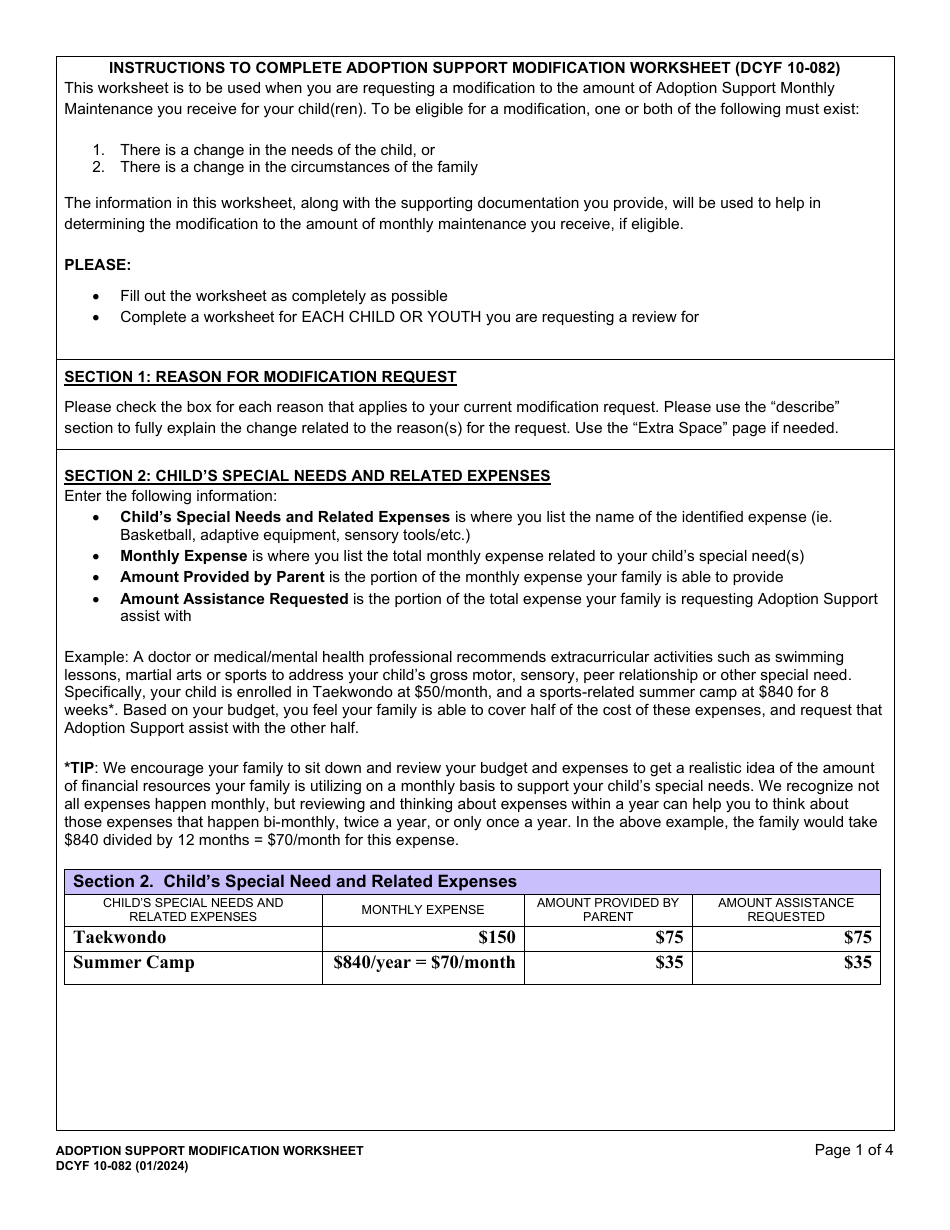 DCYF Form 10-082 Adoption Support Modification Worksheet - Washington, Page 1
