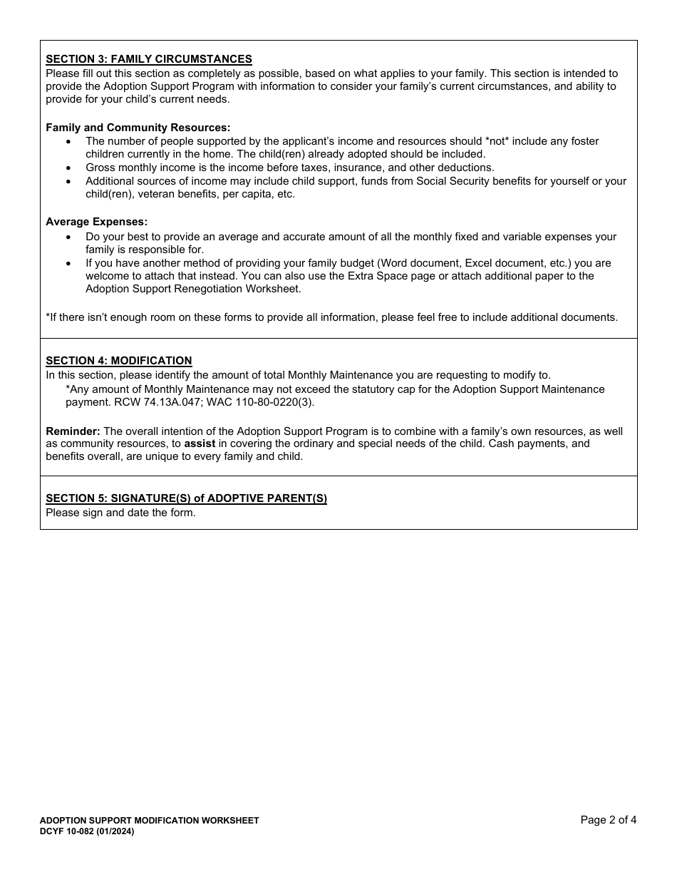 DCYF Form 10-082 Adoption Support Modification Worksheet - Washington, Page 2