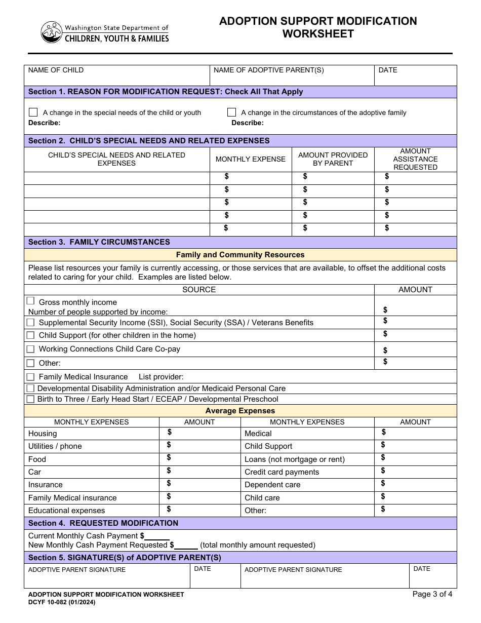 DCYF Form 10-082 Adoption Support Modification Worksheet - Washington, Page 3