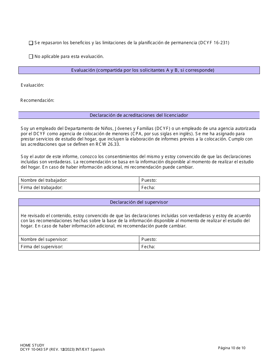 DCYF Formulario 10-043 Estudio Del Hogar - Washington (Spanish), Page 10