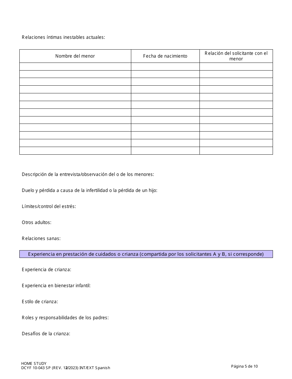 DCYF Formulario 10-043 Estudio Del Hogar - Washington (Spanish), Page 5