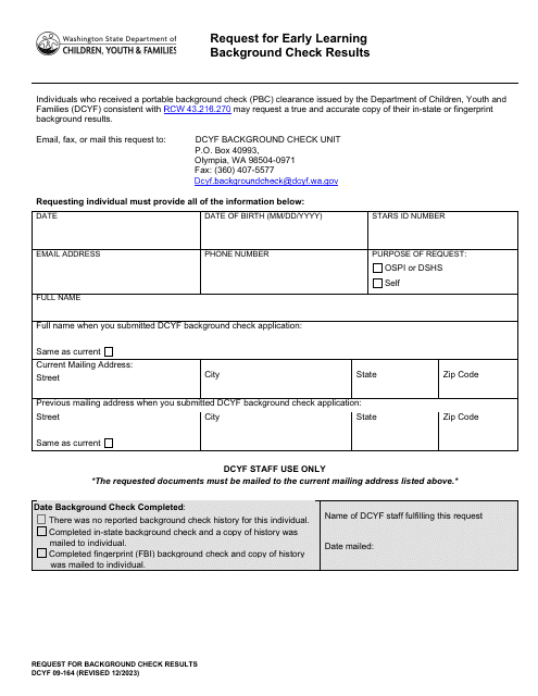 DCYF Form 09-164 Request for Early Learning Background Check Results - Washington