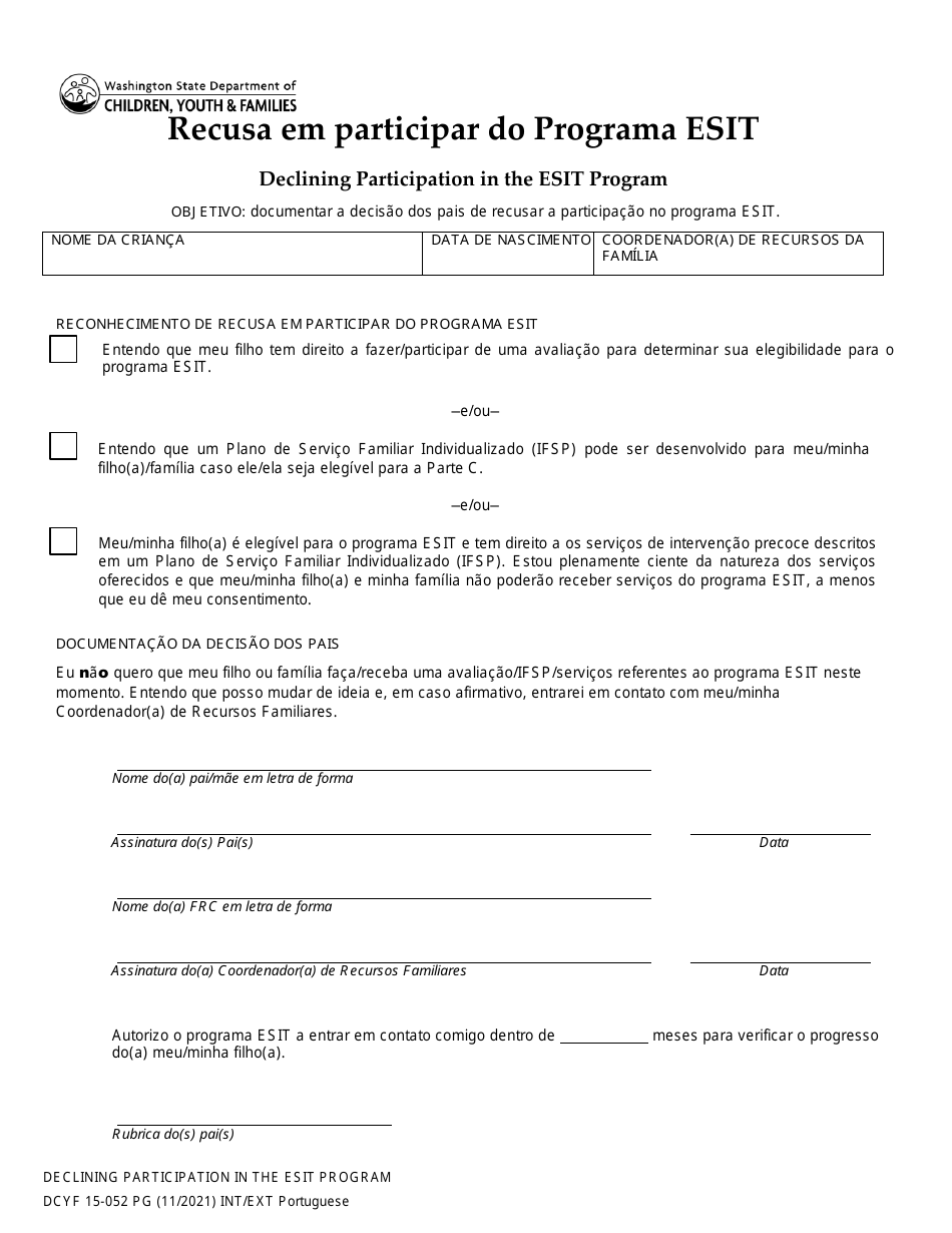 DCYF Form 15-052 Declining Participation in the Esit Program - Washington (Portuguese), Page 1