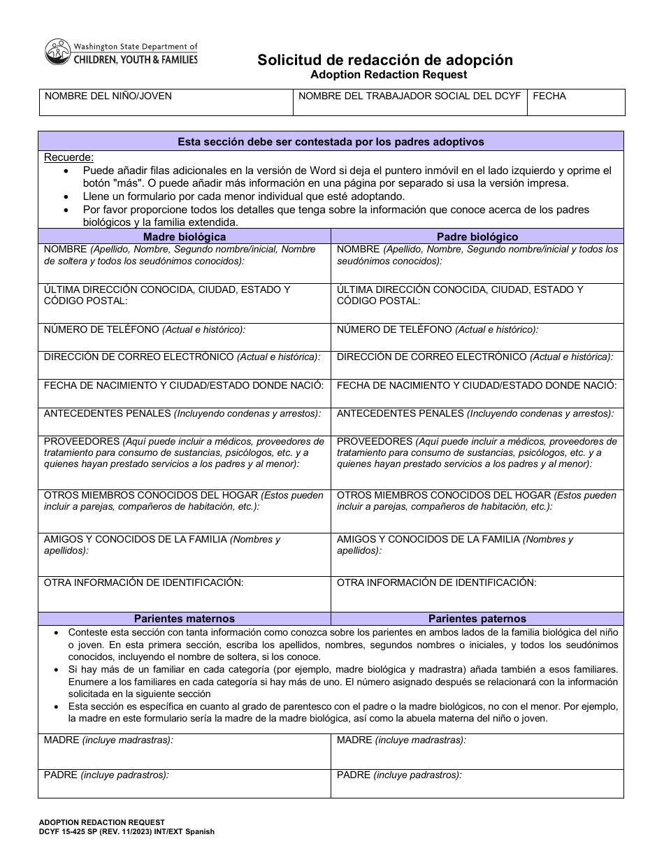 DCYF Formulario 15-425 Solicitud De Redaccion De Adopcion - Washington (Spanish), Page 1