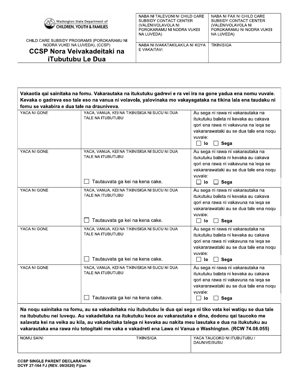 DCYF Form 27-164 Ccsp Single Parent Declaration - Child Care Subsidy Programs (Ccsp) - Washington (Fijian), Page 1