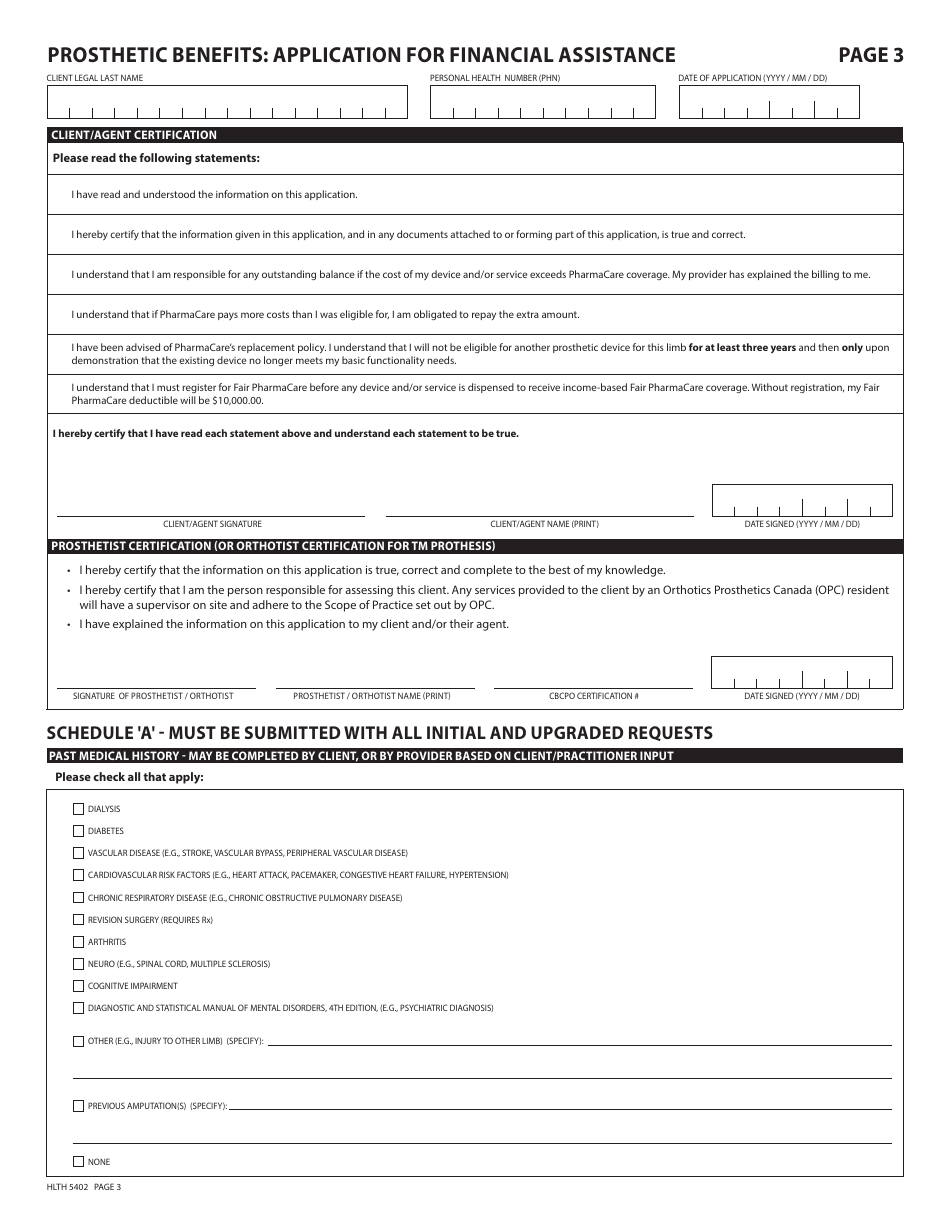 Form HLTH5402 Pharmacare Prosthetic Benefits Application for Financial Assistance - British Columbia, Canada, Page 3