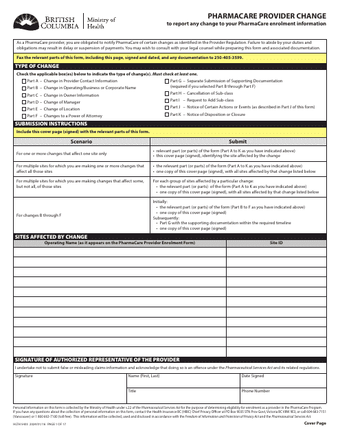 Form HLTH5433 Pharmacare Provider Change - British Columbia, Canada