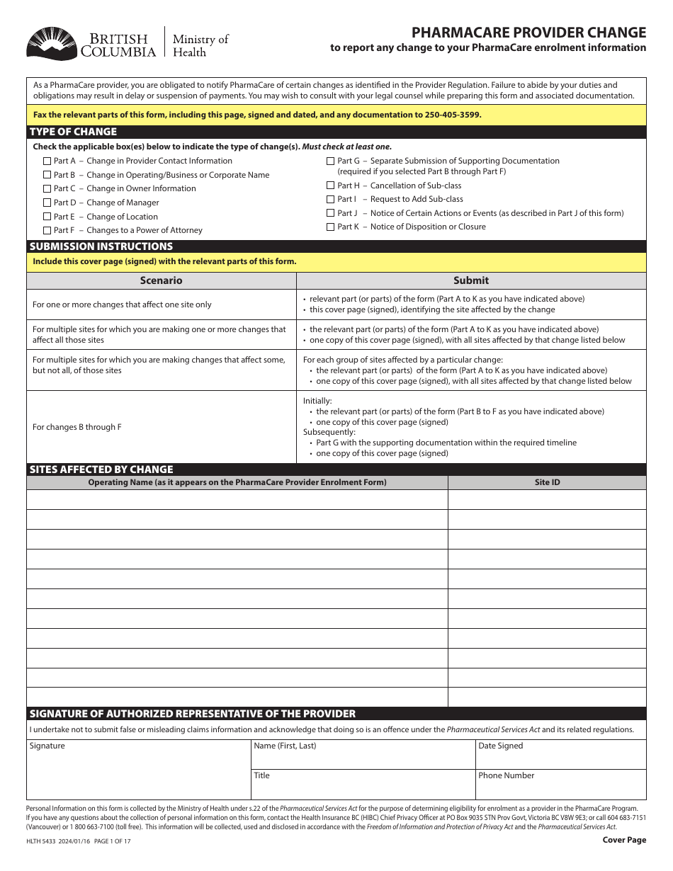 Form HLTH5433 Pharmacare Provider Change - British Columbia, Canada, Page 1