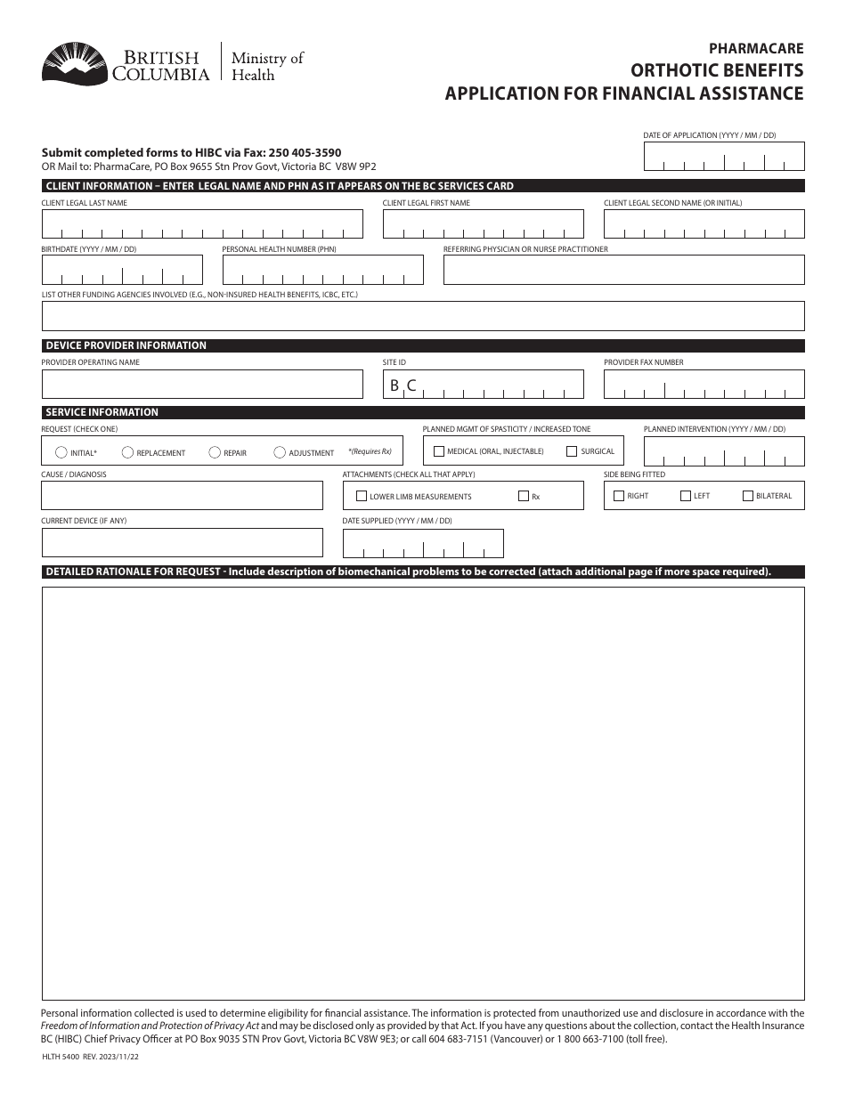 Form HLTH5400 Pharmacare Orthotic Benefits Application for Financial Assistance - British Columbia, Canada, Page 1