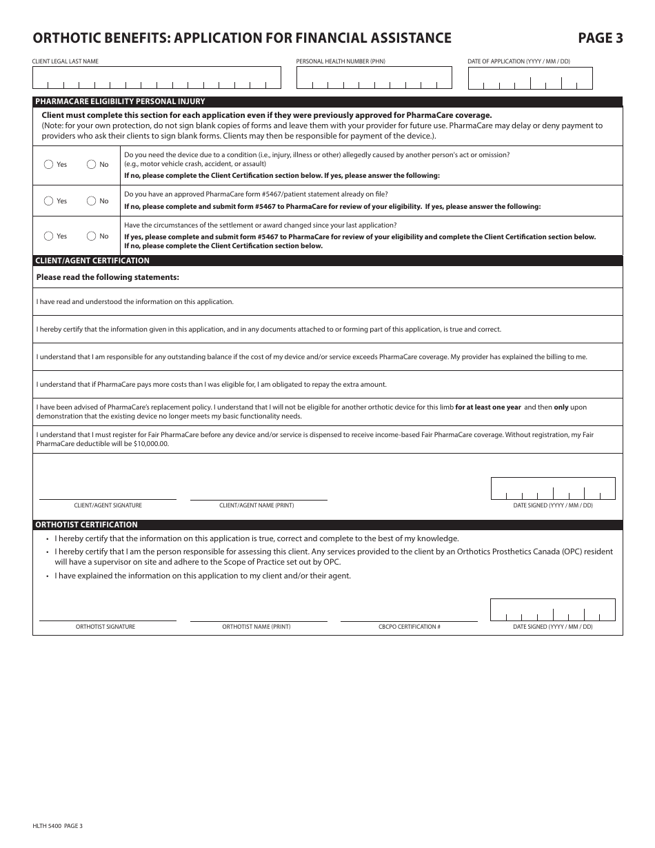 Form HLTH5400 Pharmacare Orthotic Benefits Application for Financial Assistance - British Columbia, Canada, Page 3