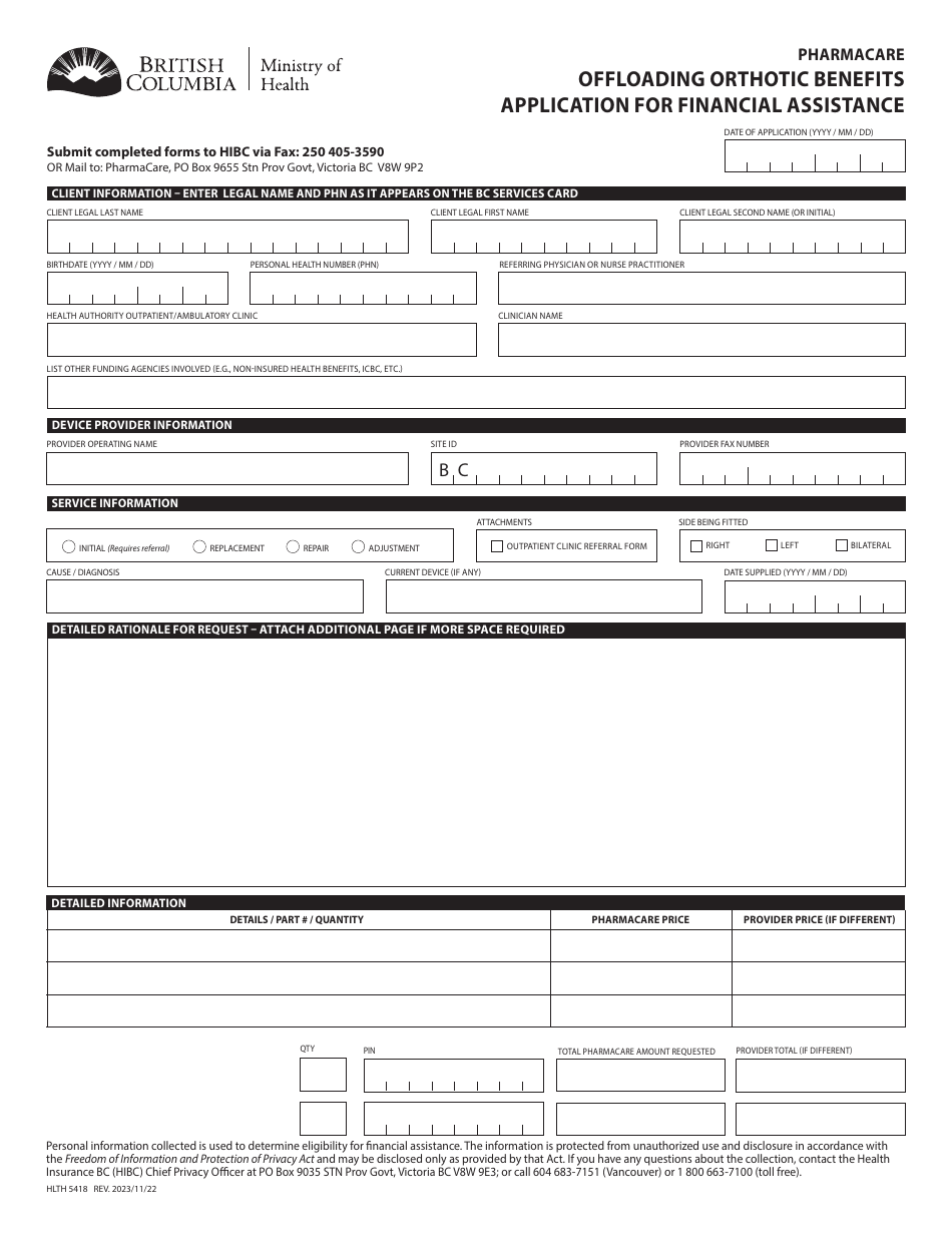 Form HLTH5418 Pharmacare Offloading Orthotic Benefits Application for Financial Assistance - British Columbia, Canada, Page 1