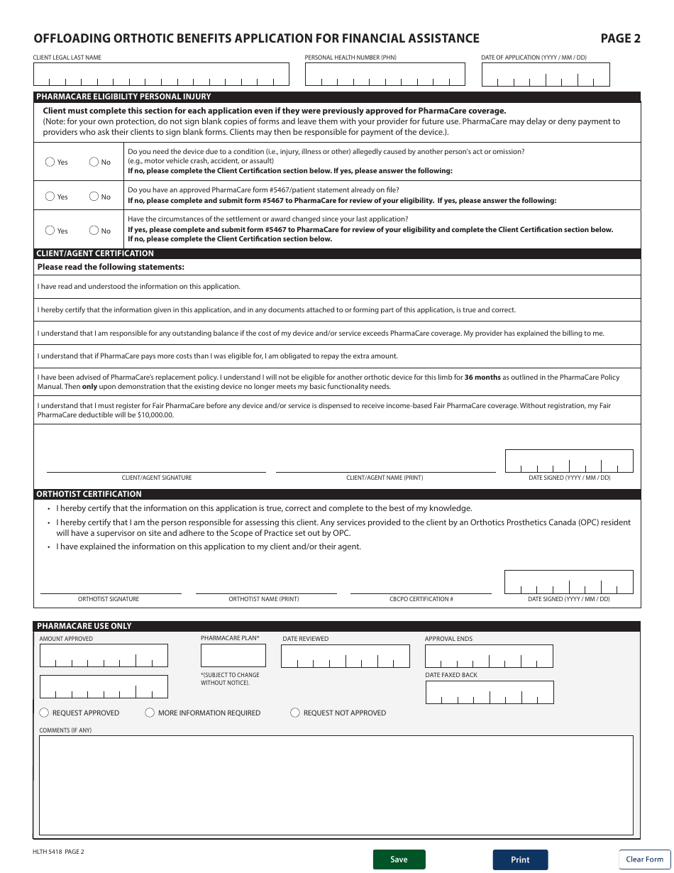 Form HLTH5418 Pharmacare Offloading Orthotic Benefits Application for Financial Assistance - British Columbia, Canada, Page 2