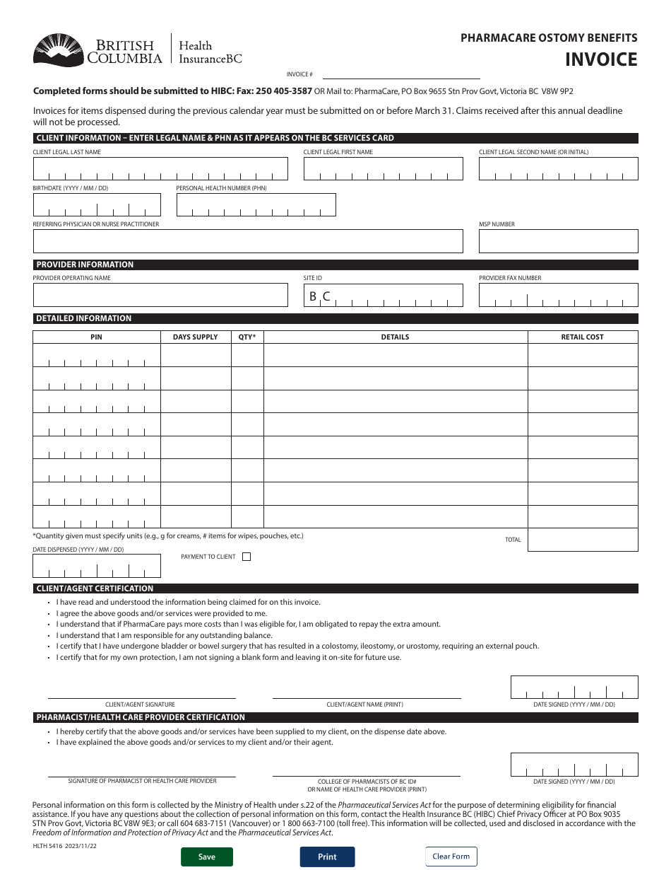 Form HLTH5416 Pharmacare Ostomy Benefits Invoice - British Columbia, Canada, Page 1