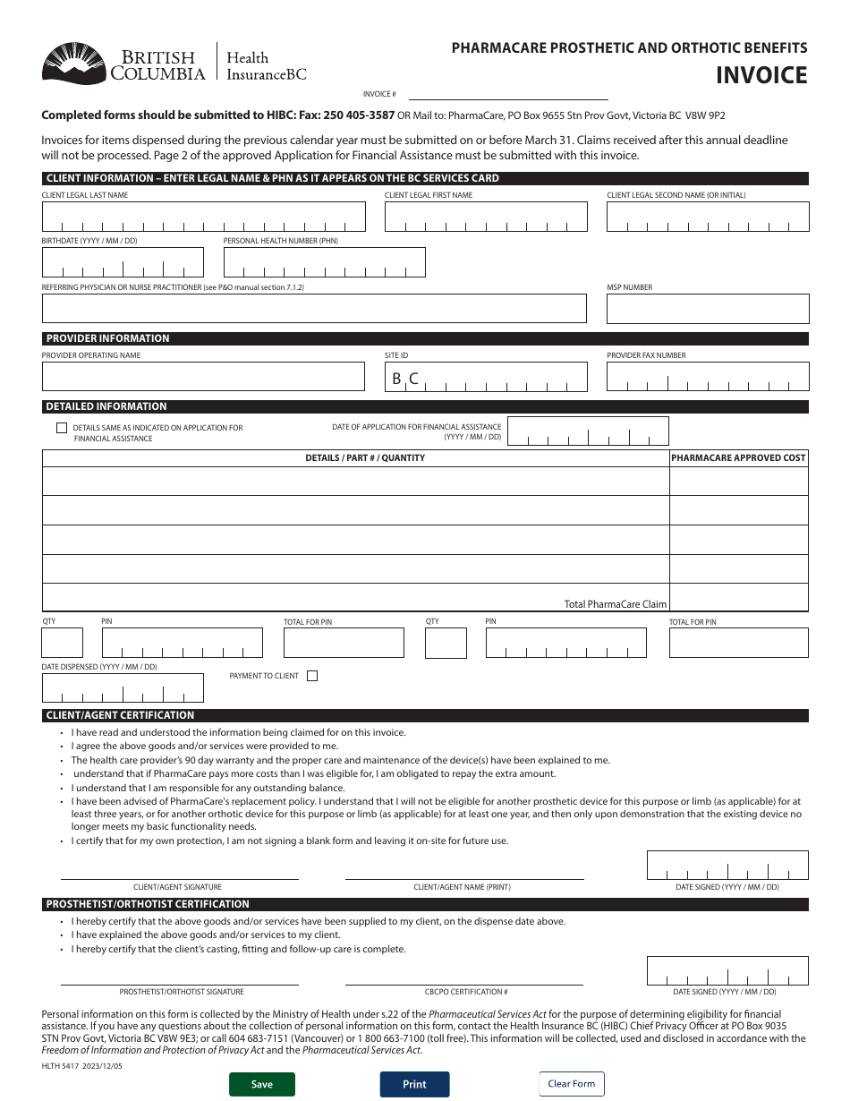 Form HLTH5417 Pharmacare Prosthetic and Orthotic Benefits Invoice - British Columbia, Canada, Page 1