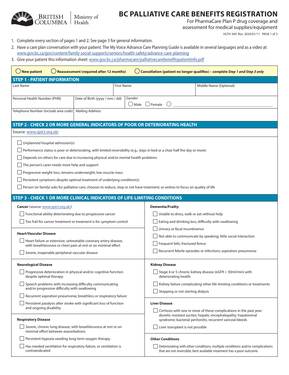 Form HLTH349 Bc Palliative Care Benefits Registration - British Columbia, Canada, Page 1