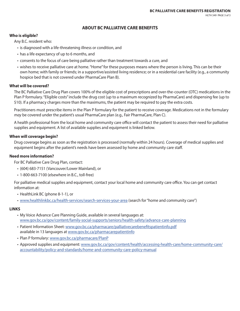 Form HLTH349 Bc Palliative Care Benefits Registration - British Columbia, Canada, Page 3