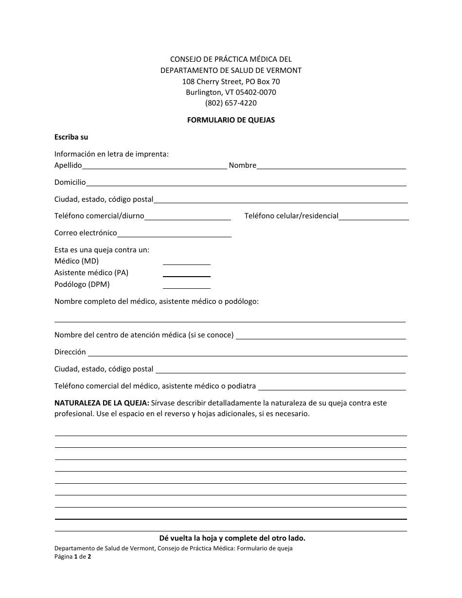 Vermont Formulario De Quejas (Spanish) - Fill Out, Sign Online and ...