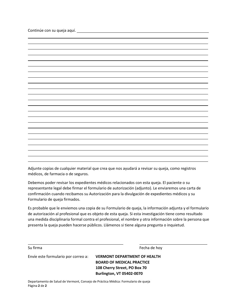 Formulario De Quejas - Vermont (Spanish), Page 2