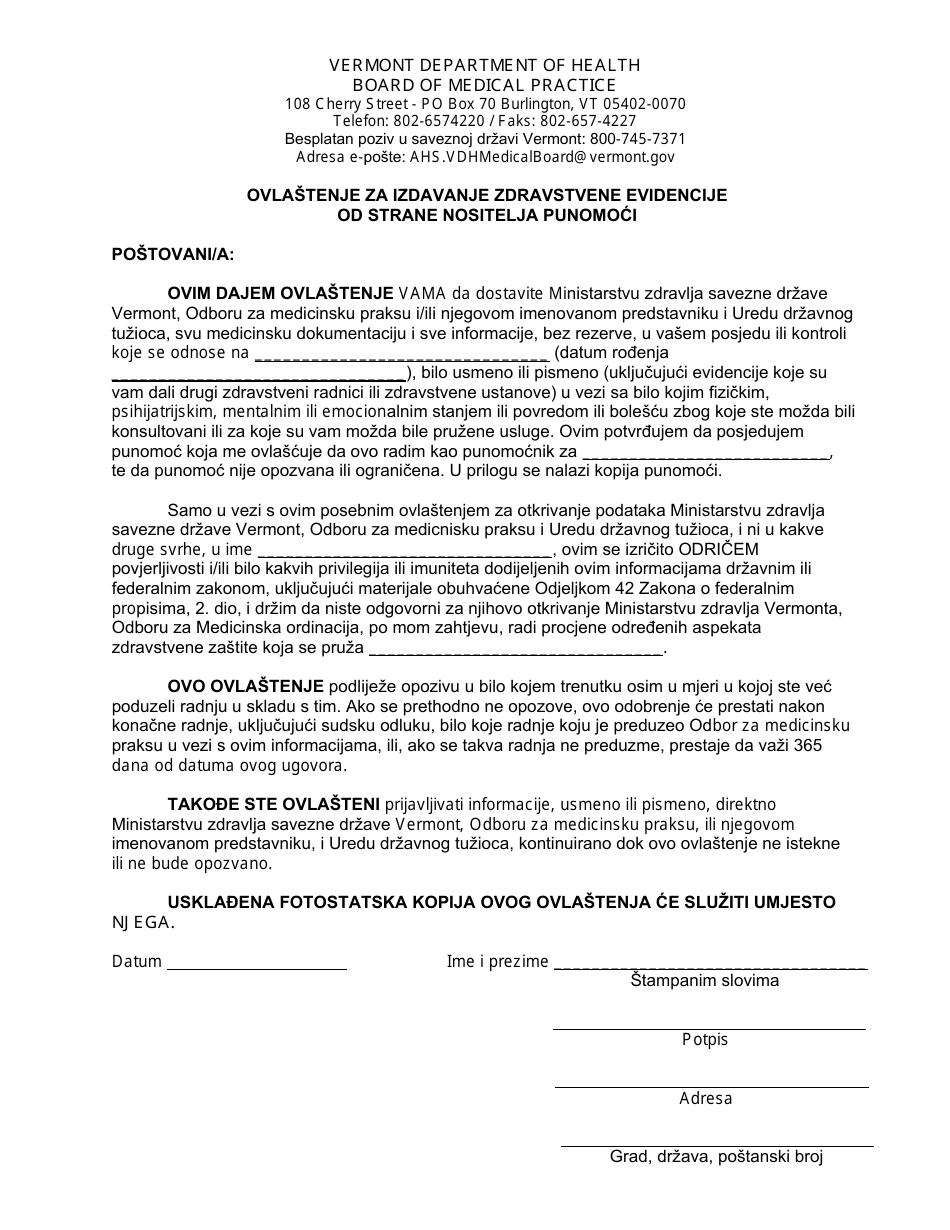 Authorization for Release of Medical Records by Holder of Power of Attorney - Vermont (Bosnian), Page 1