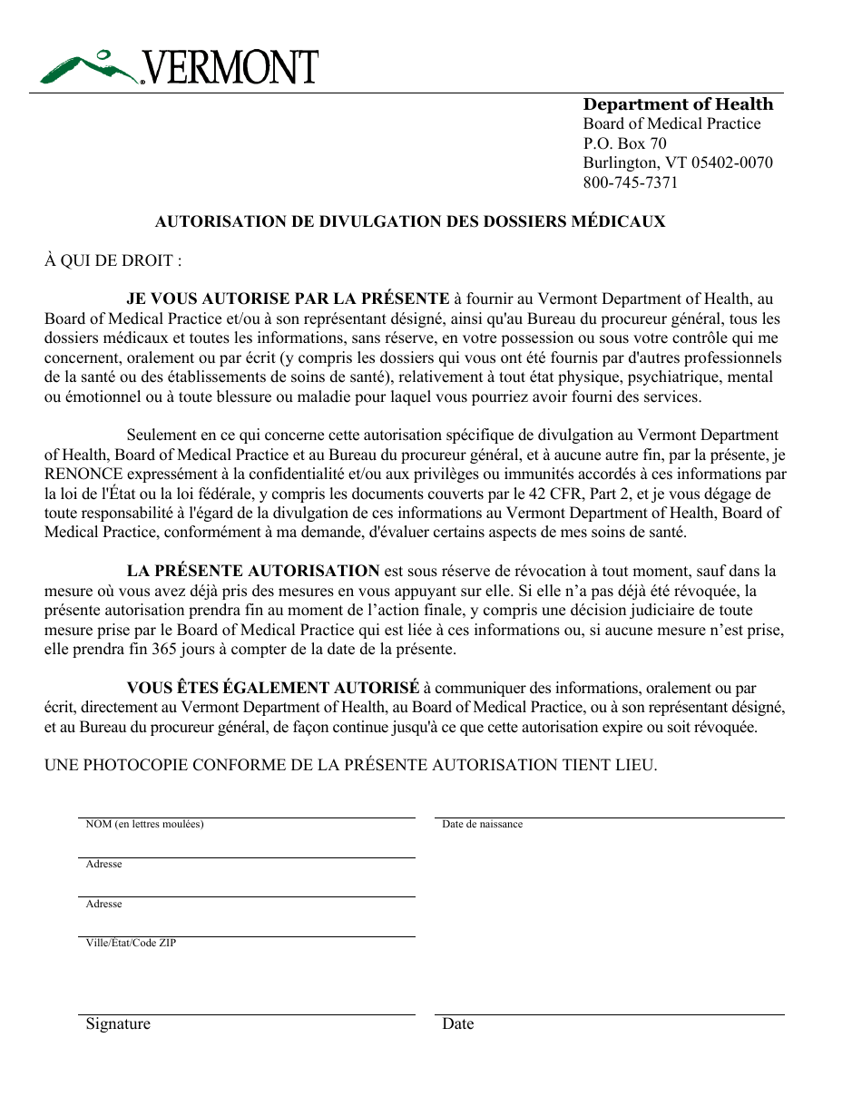 Authorization for Release of Medical Records - Vermont (French Canadian), Page 1