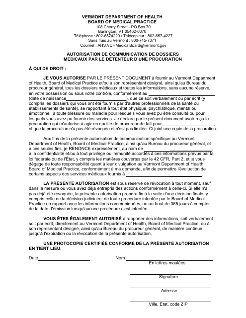 Authorization for Release of Medical Records by Holder of Power of Attorney - Vermont (French Canadian) Download Pdf