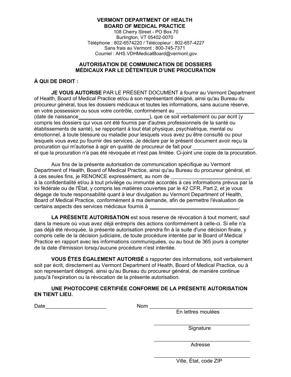 Authorization for Release of Medical Records by Holder of Power of Attorney - Vermont (French Canadian), Page 1