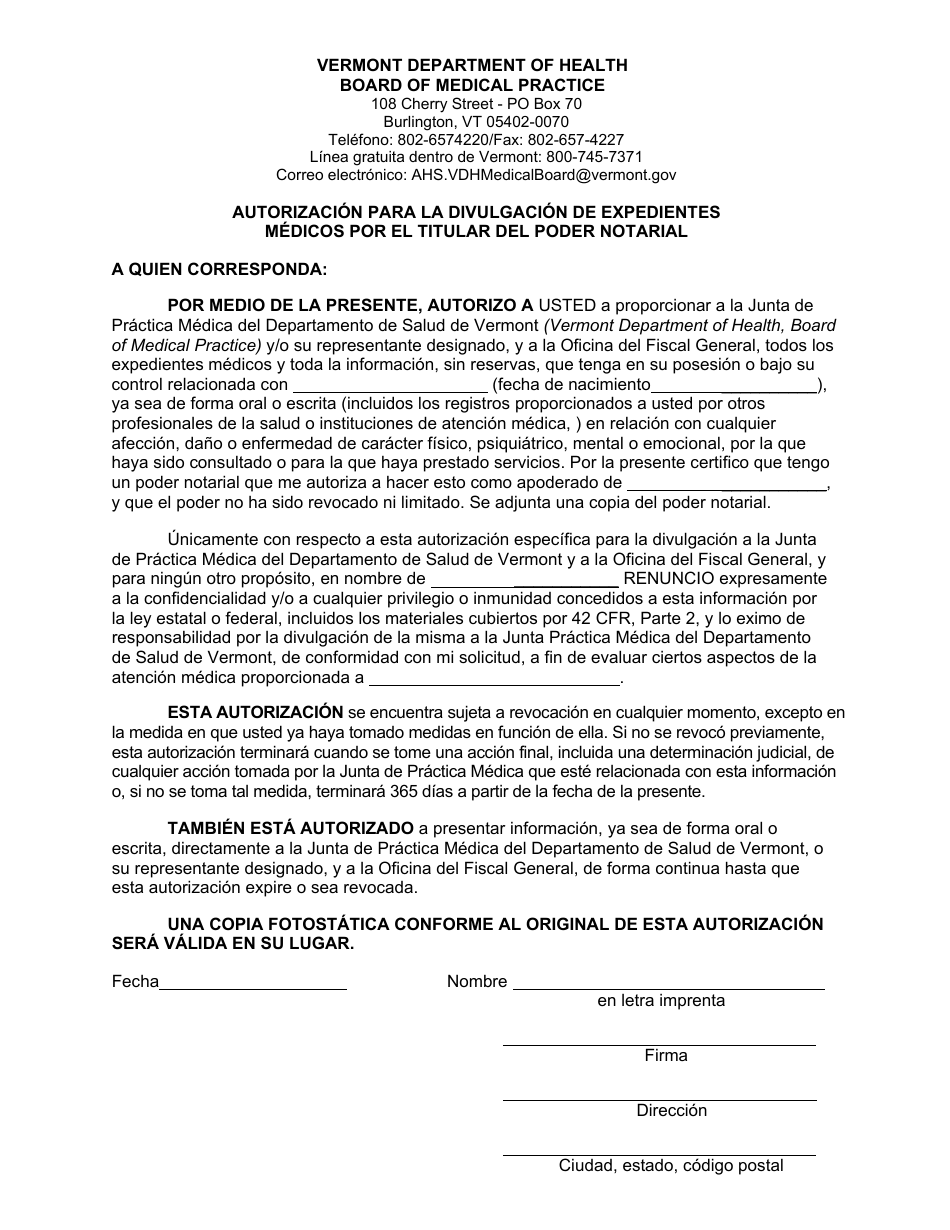 Autorizacion Para La Divulgacion De Expedientes Medicos Por El Titular Del Poder Notarial - Vermont (Spanish), Page 1