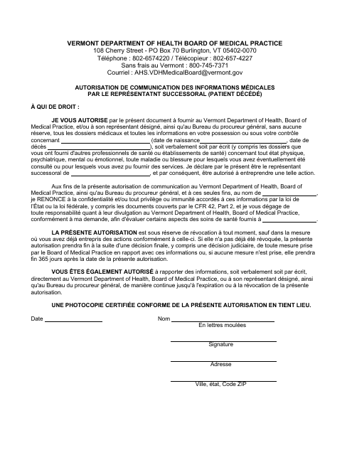 Authorization for Release of Medical Records by Personal Representative (Patient Deceased) - Vermont (French Canadian)
