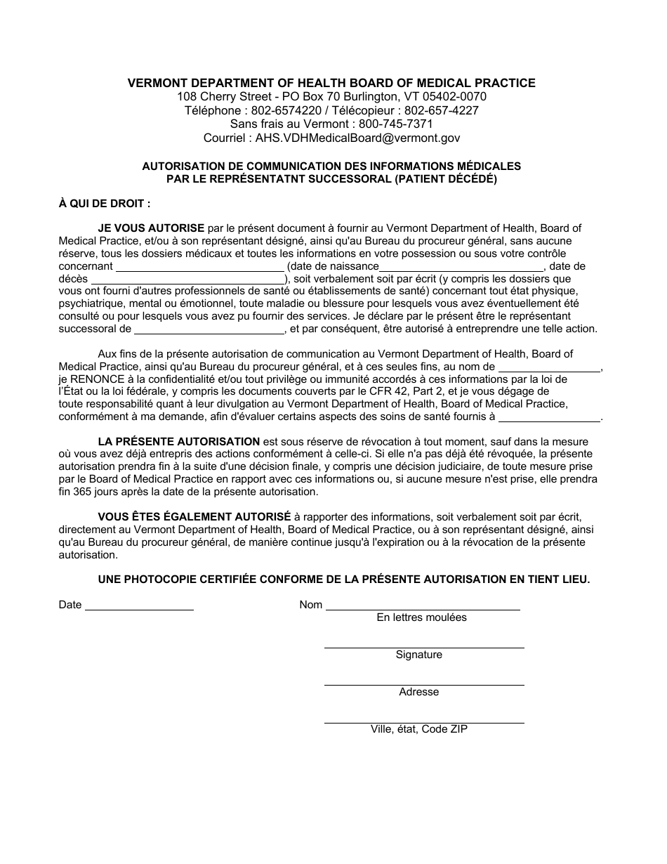 Authorization for Release of Medical Records by Personal Representative (Patient Deceased) - Vermont (French Canadian), Page 1