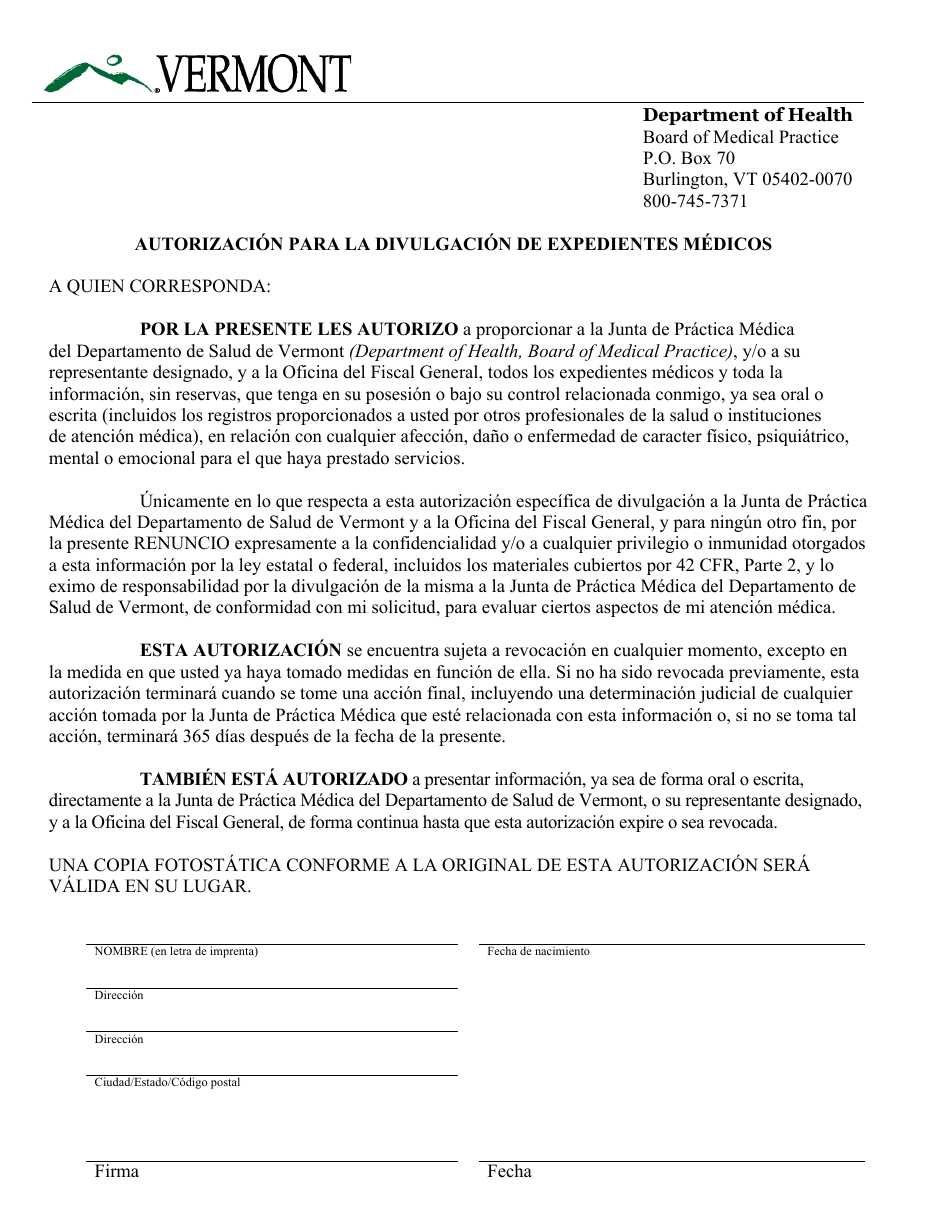 Autorizacion Para La Divulgacion De Expedientes Medicos - Vermont (Spanish), Page 1
