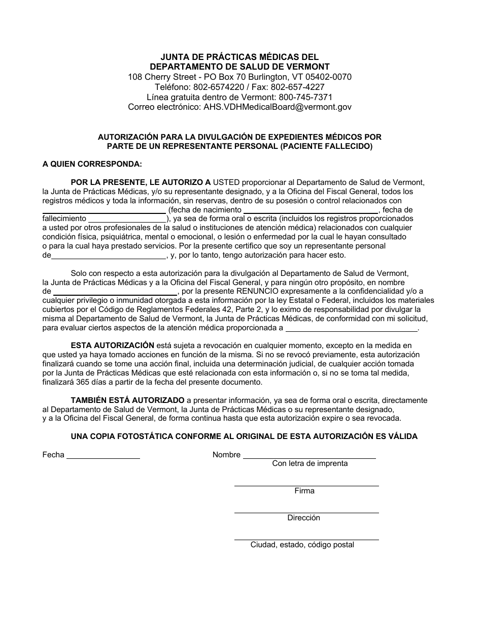 Autorizacion Para La Divulgacion De Expedientes Medicos Por Parte De Un Representante Personal (Paciente Fallecido) - Vermont (Spanish), Page 1