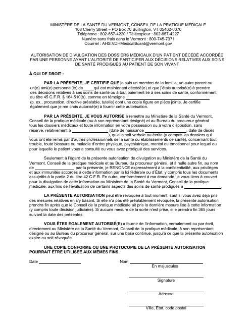 Authorization for Release of Medical Records of a Deceased Patient by Person Who Had Authority to Participate in Health Care Decisions When Patient Was Living - Vermont (French Canadian) Download Pdf