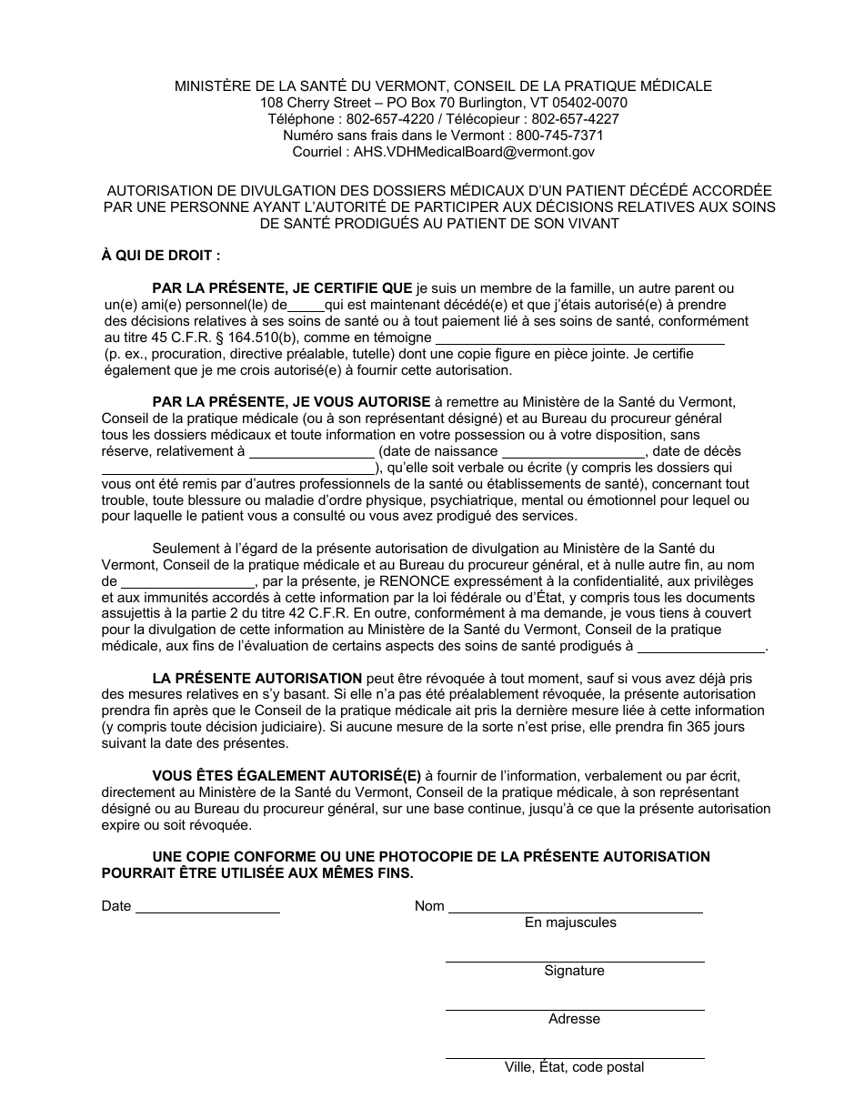 Authorization for Release of Medical Records of a Deceased Patient by Person Who Had Authority to Participate in Health Care Decisions When Patient Was Living - Vermont (French Canadian), Page 1