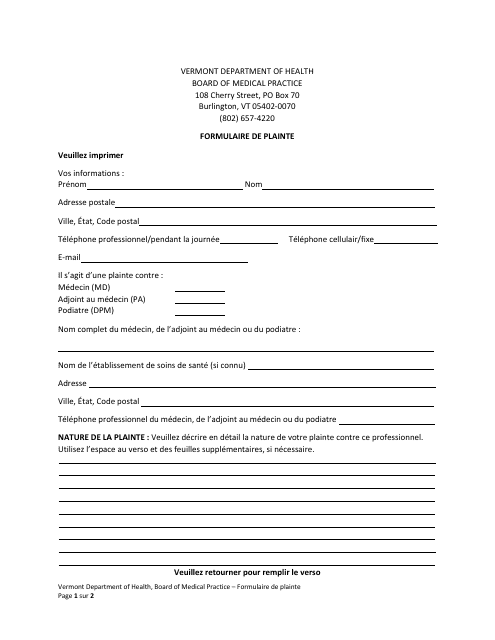 Complaint Form - Vermont (French Canadian)