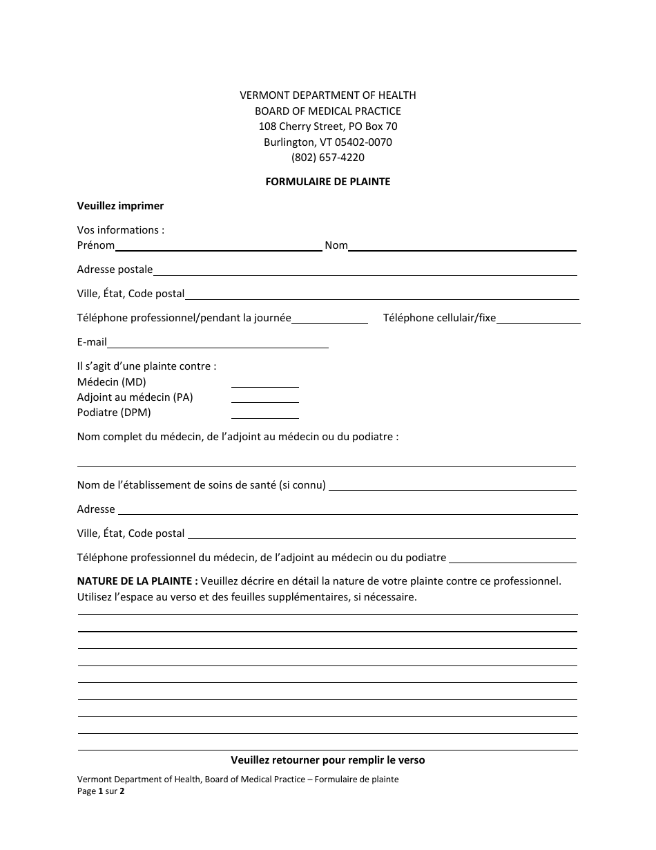 Complaint Form - Vermont (French Canadian), Page 1