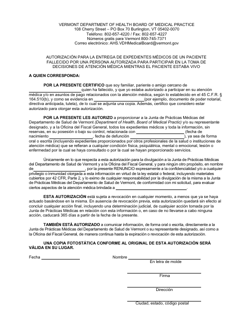 Authorization for Release of Medical Records of a Deceased Patient by Person Who Had Authority to Participate in Health Care Decisions When Patient Was Living - Vermont (Spanish) Download Pdf