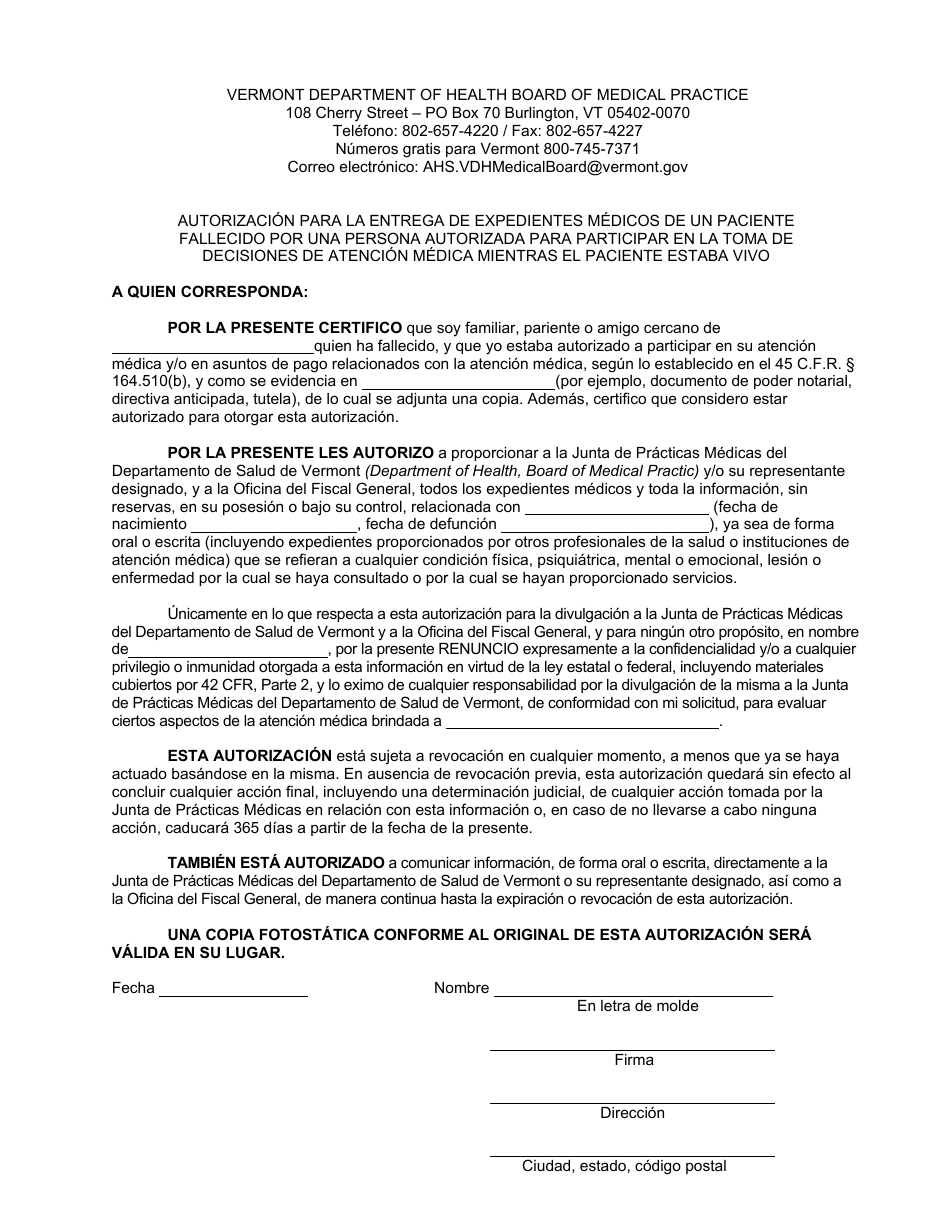 Authorization for Release of Medical Records of a Deceased Patient by Person Who Had Authority to Participate in Health Care Decisions When Patient Was Living - Vermont (Spanish), Page 1